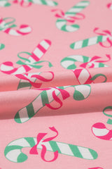 Pink Christmas Candy Cane Print Knotted Pajama Set