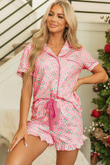 Pink Christmas Candy Cane Print Knotted Pajama Set