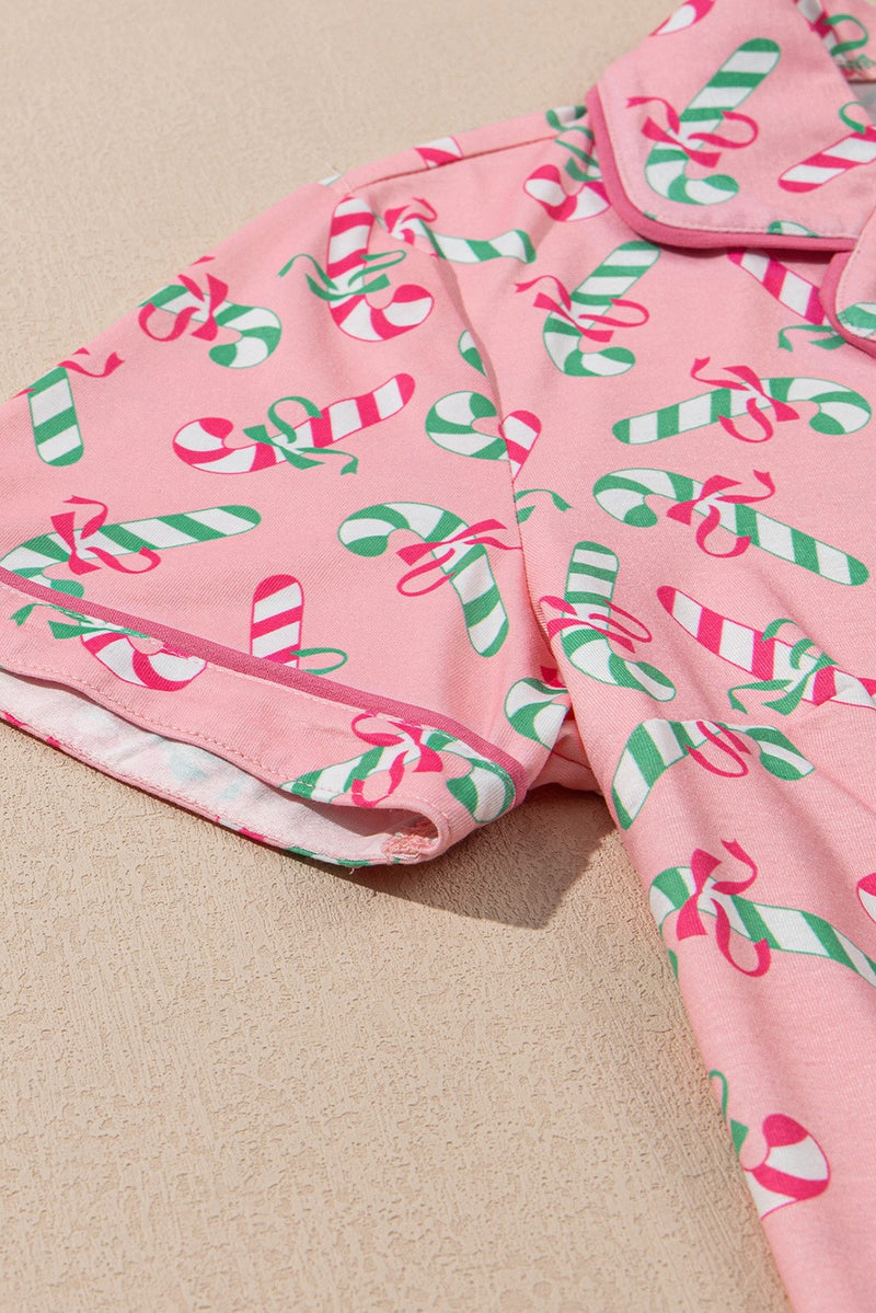 Pink Christmas Candy Cane Print Knotted Pajama Set