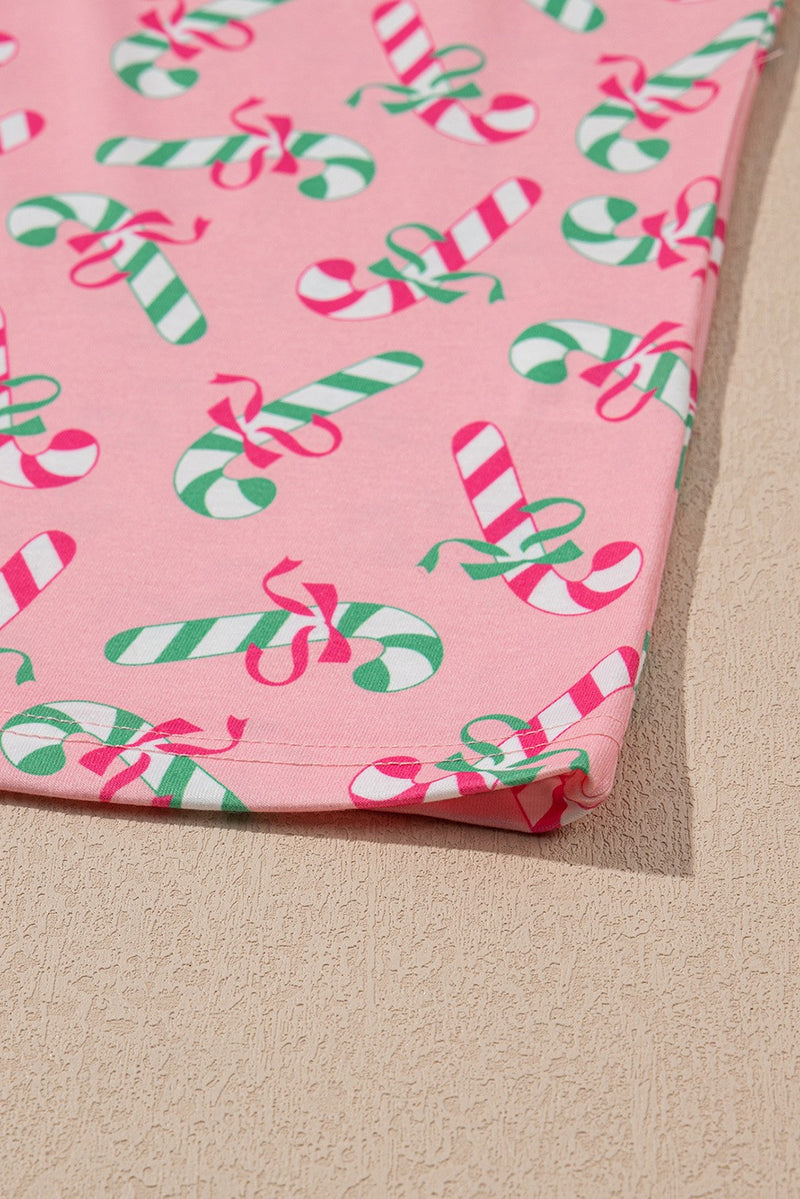 Pink Christmas Candy Cane Print Knotted Pajama Set