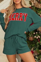 Womens Green Corded Merry Long Sleeve Top and Shorts Lounge Set